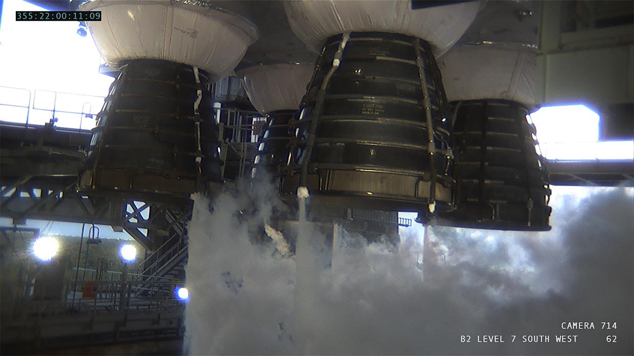 Operators at the B-2 Test Stand at Stennis Space Center near Bay St. Louis, Mississippi, conducted a wet dress rehearsal for the hot fire test of the core stage of NASA’s Space Launch System on Dec. 21, 2020. In this image, liquid oxygen vents from the four RS-25 engines that will ignite during the final hot fire test of the core stage. The hot fire will conclude a series of eight Green Run tests of all core stage systems before it is transported to Kennedy Space Center for launch on the Artemis I mission.